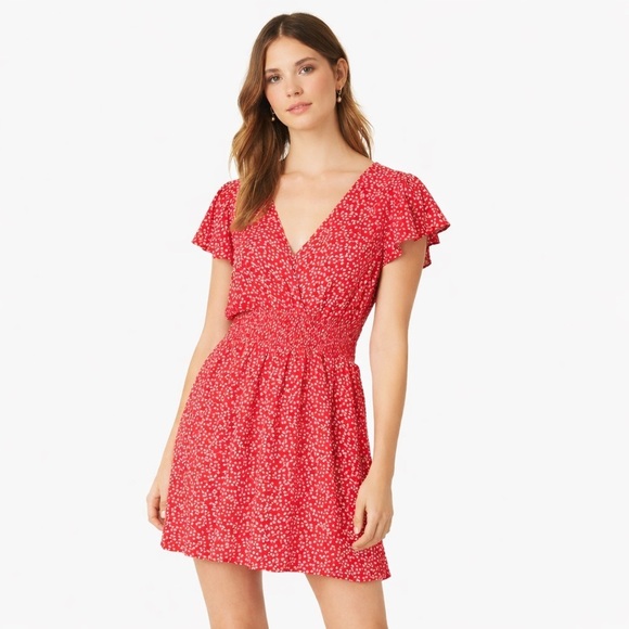Rebecca Taylor Dresses & Skirts - Rebecca Taylor Silk Blend Red Ditsy Floral Smocked Waist Mini Dress - Medium